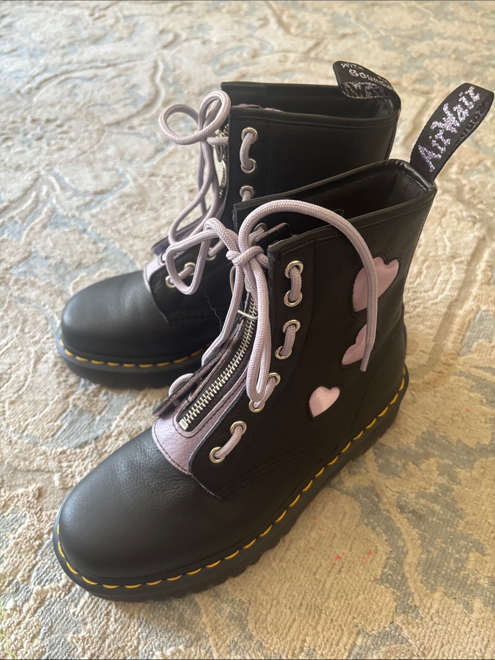 Dr. Martens Black Leather Lace-Up Boots with Lavender Accents